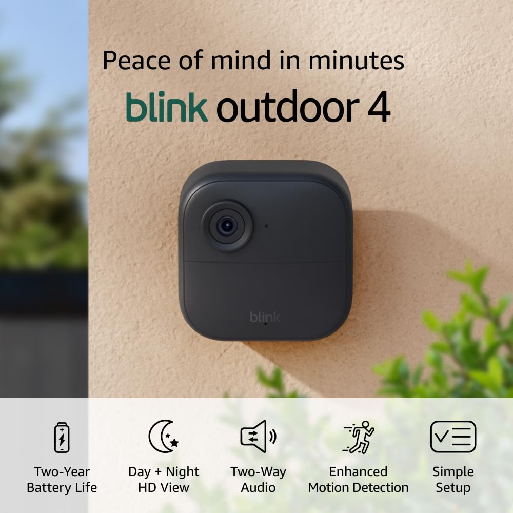 Blink Outdoor 4, Wireless smart security camera, two-year battery, 1080p HD day and infrared night live view, two-way talk, 5 camera system