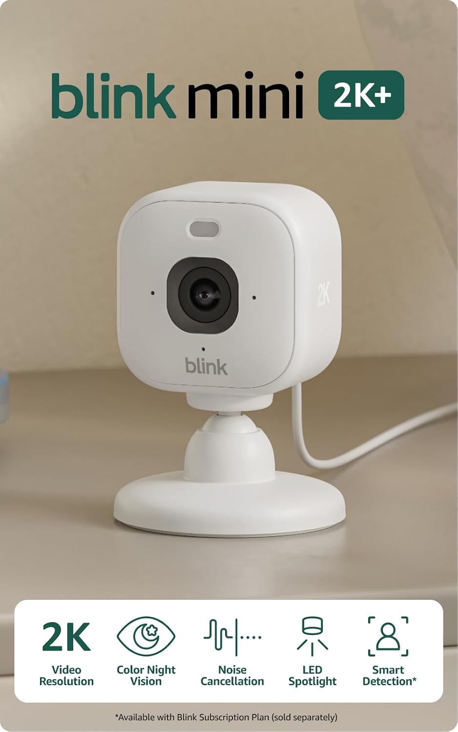 Blink Mini 2K+ (newest model), Plug-in Home &amp; Pet Indoor Security Camera with 2K video resolution, night vision, enhanced audio, motion detection, 2 cameras (White)
